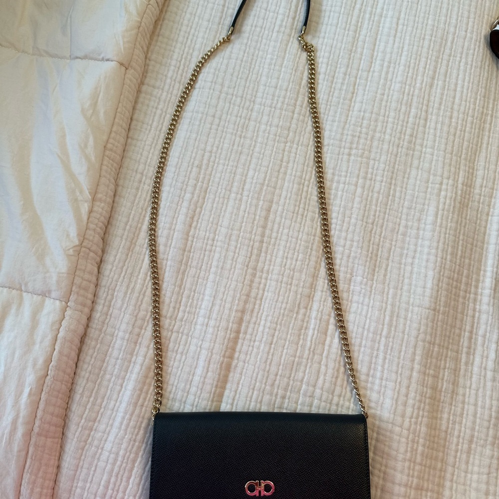 Salvatore Ferragamo Black Leather Wallet on a Chain